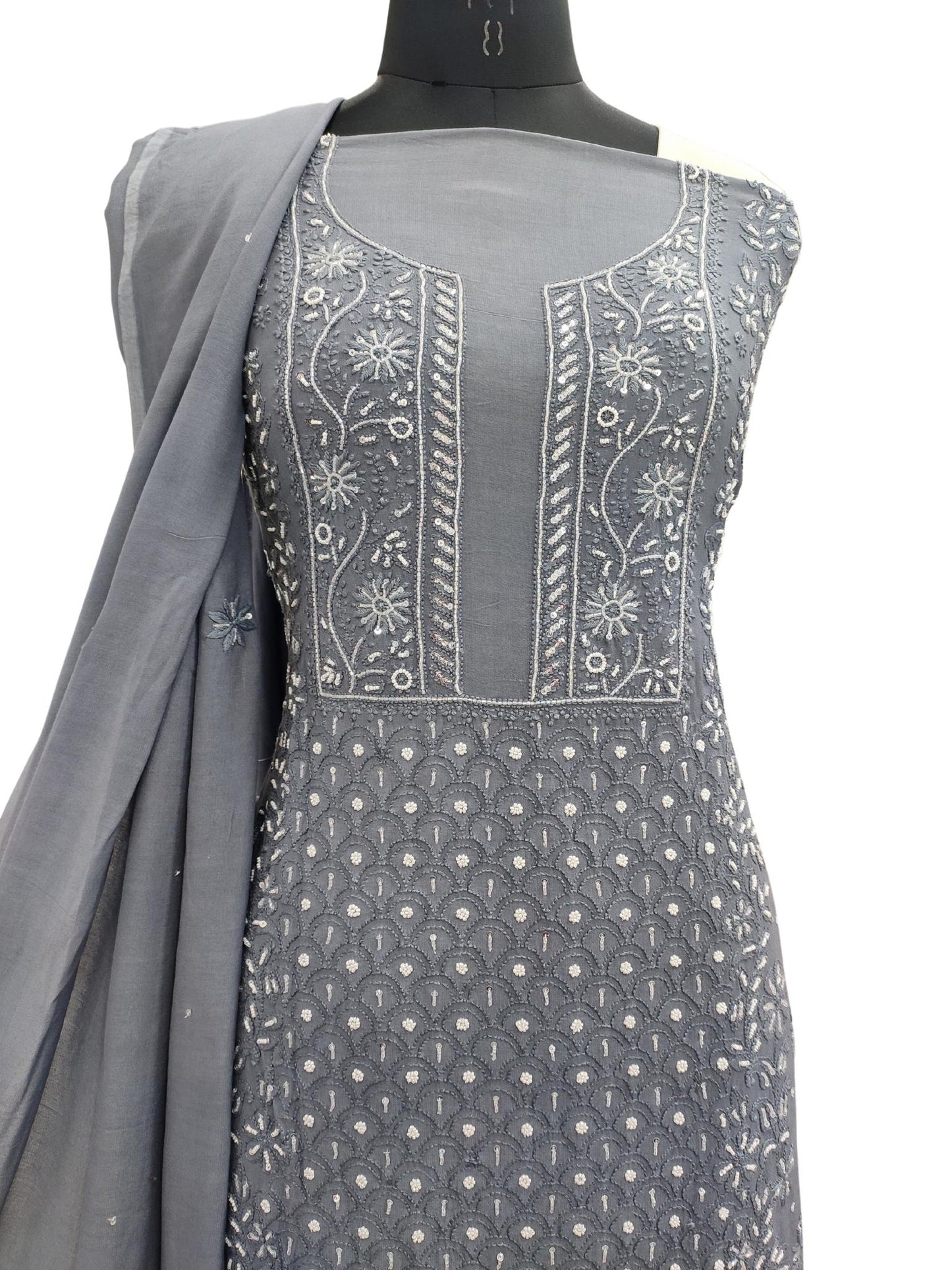 Shyamal Chikan Hand Embroidered Grey Muslin Lucknowi Chikankari Unstitched Suit Piece With Pearl and Cut Dana Work ( Kurta  Dupatta Set ) - S18161