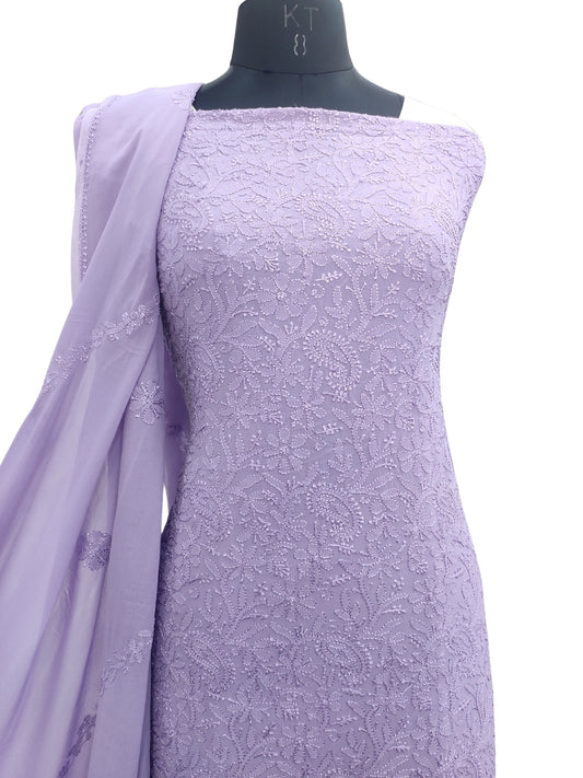 Shyamal Chikan Hand Embroidered Purple Viscose Georgette Lucknowi Chikankari Unstitched Suit Piece ( Kurta Dupatta Set ) - S 25449