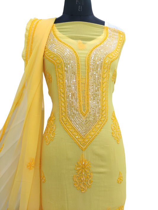 Shyamal Chikan Hand Embroidered Yellow Georgette Lucknowi Chikankari Unstitched Suit Piece With Cutdana & Sequin Work - S24381