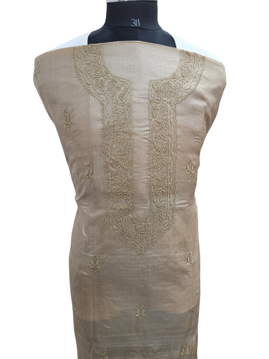 Shyamal Chikan Hand Embroidered Beige Pure Tusser Silk Lucknowi Chikankari Unstitched Men's Kurta Piece – S24558