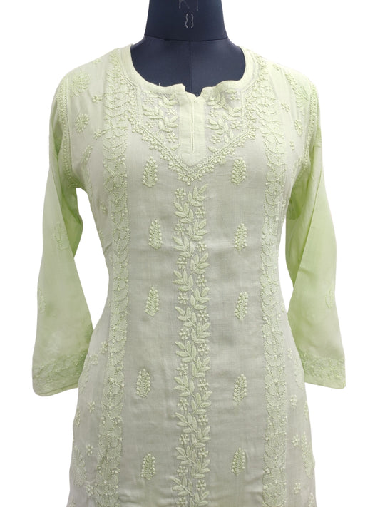 Shyamal Chikan Hand Embroidered Green Pure Cotton Lucknowi Chikankari Short Top- S22944