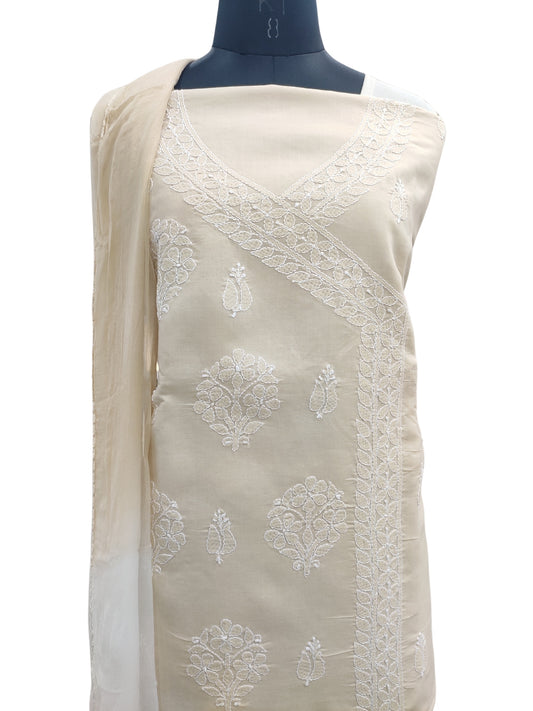 Shyamal Chikan Hand Embroidered Beige Cotton Lucknowi Chikankari Unstitched Angrakha Style Suit Piece- S21839