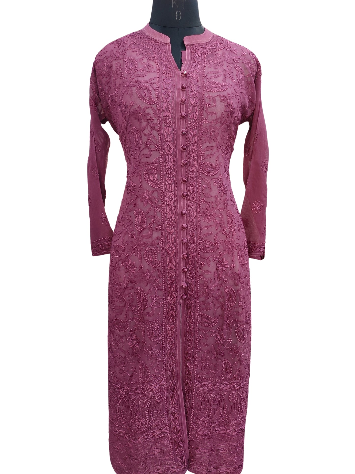 Shyamal Chikan Hand Embroidered Wine Viscose Georgette Lucknowi Chikankari Kurti - S23901