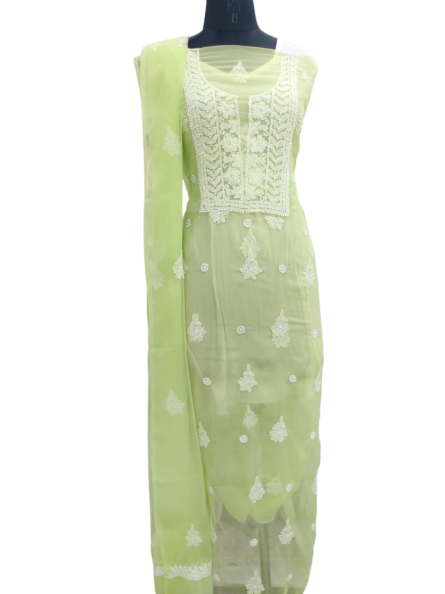 Shyamal Chikan Hand Embroidered Green Georgette Lucknowi Chikankari Unstitched Suit Piece - 24019