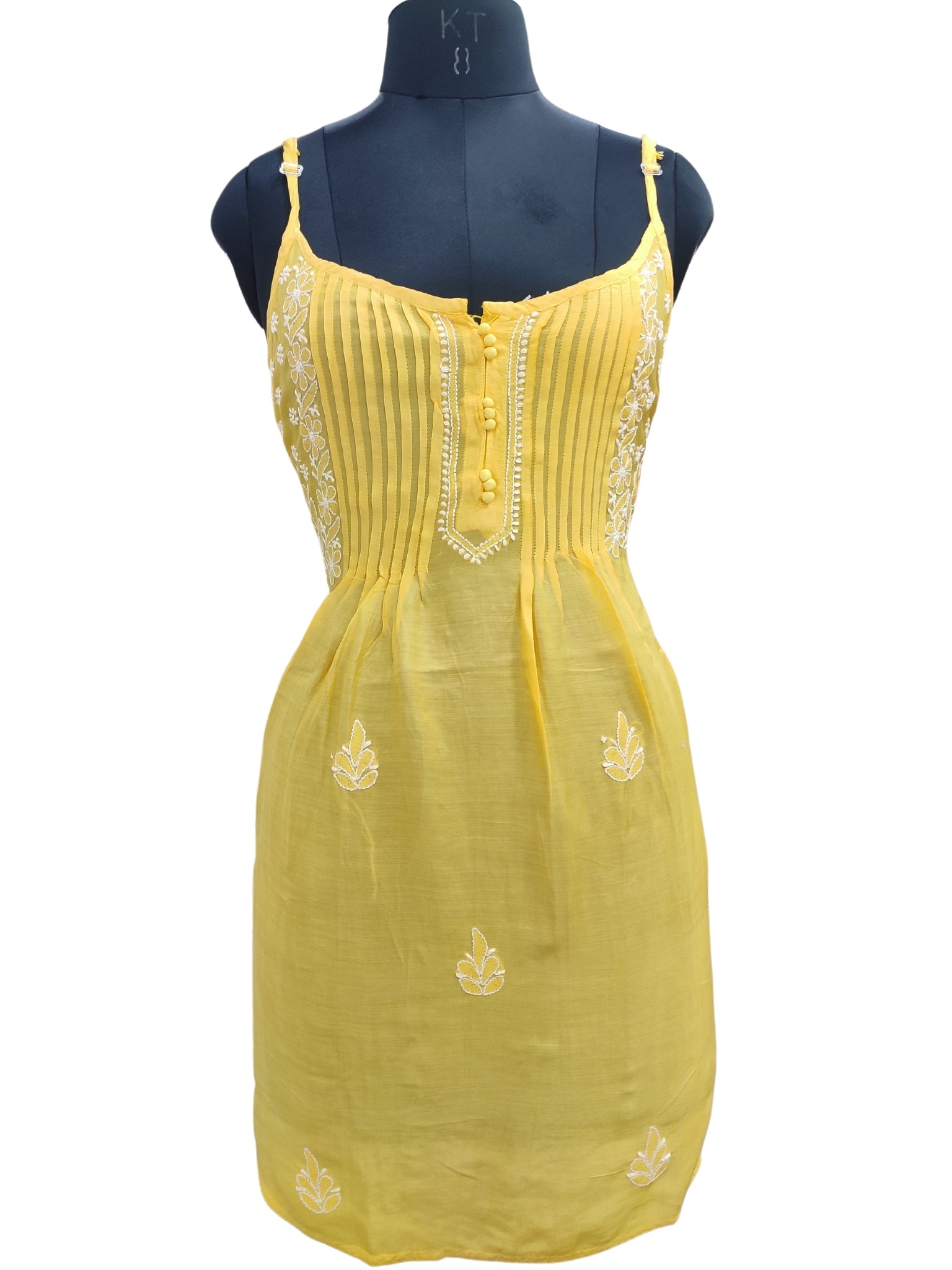 Shyamal Chikan Hand Embroidered Yellow Muslin Noodle Strap Lucknowi Chikankari Short Top - S24847