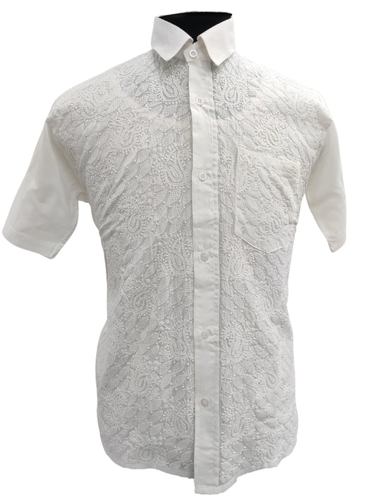 Shyamal Chikan Hand Embroidered White Cotton Lucknowi Chikankari Men's Shirt – S23304