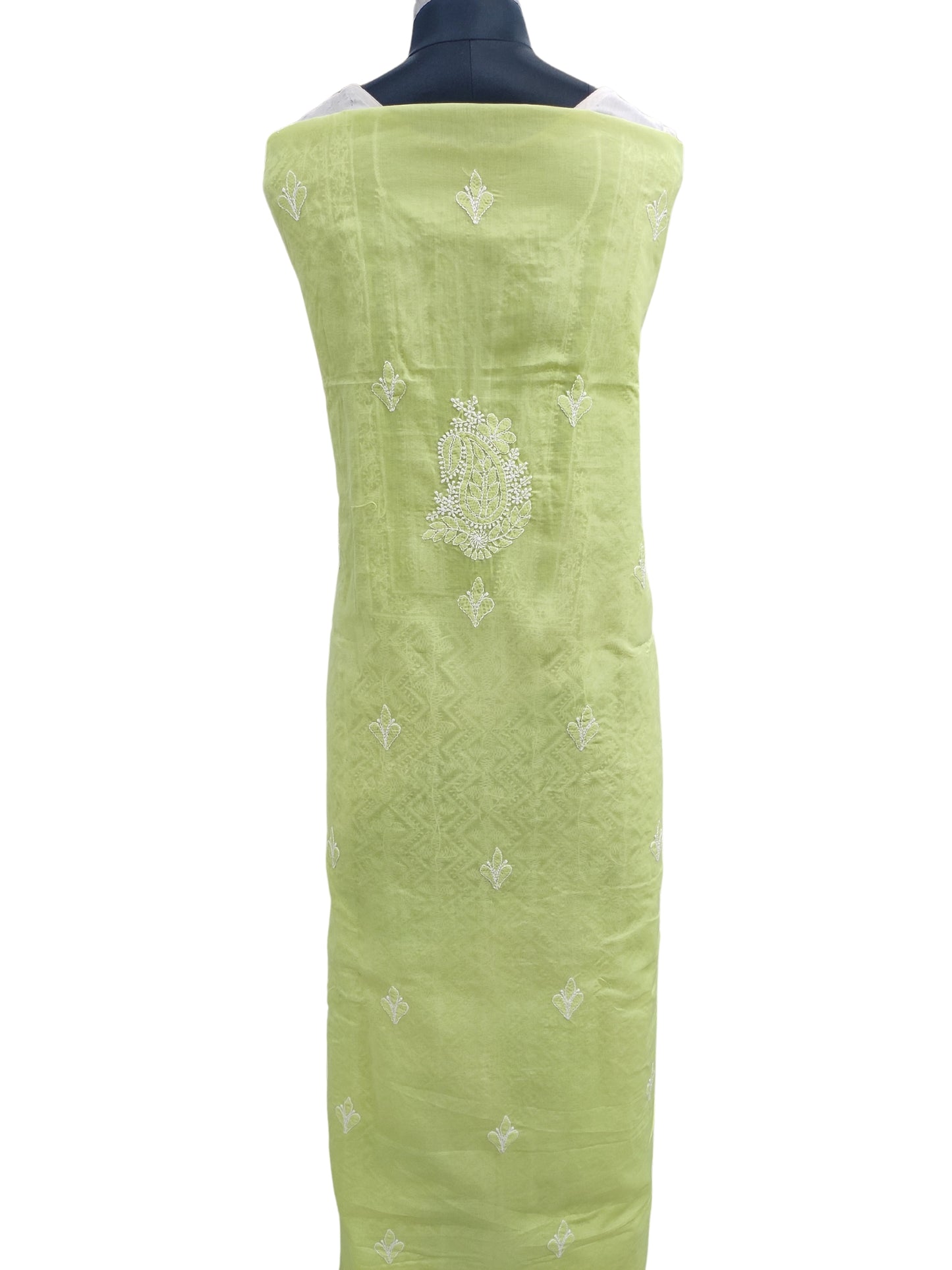 Shyamal Chikan Hand Embroidered Green Cotton Lucknowi Chikankari Unstitched Kurta Piece With Daraz Work - S21523