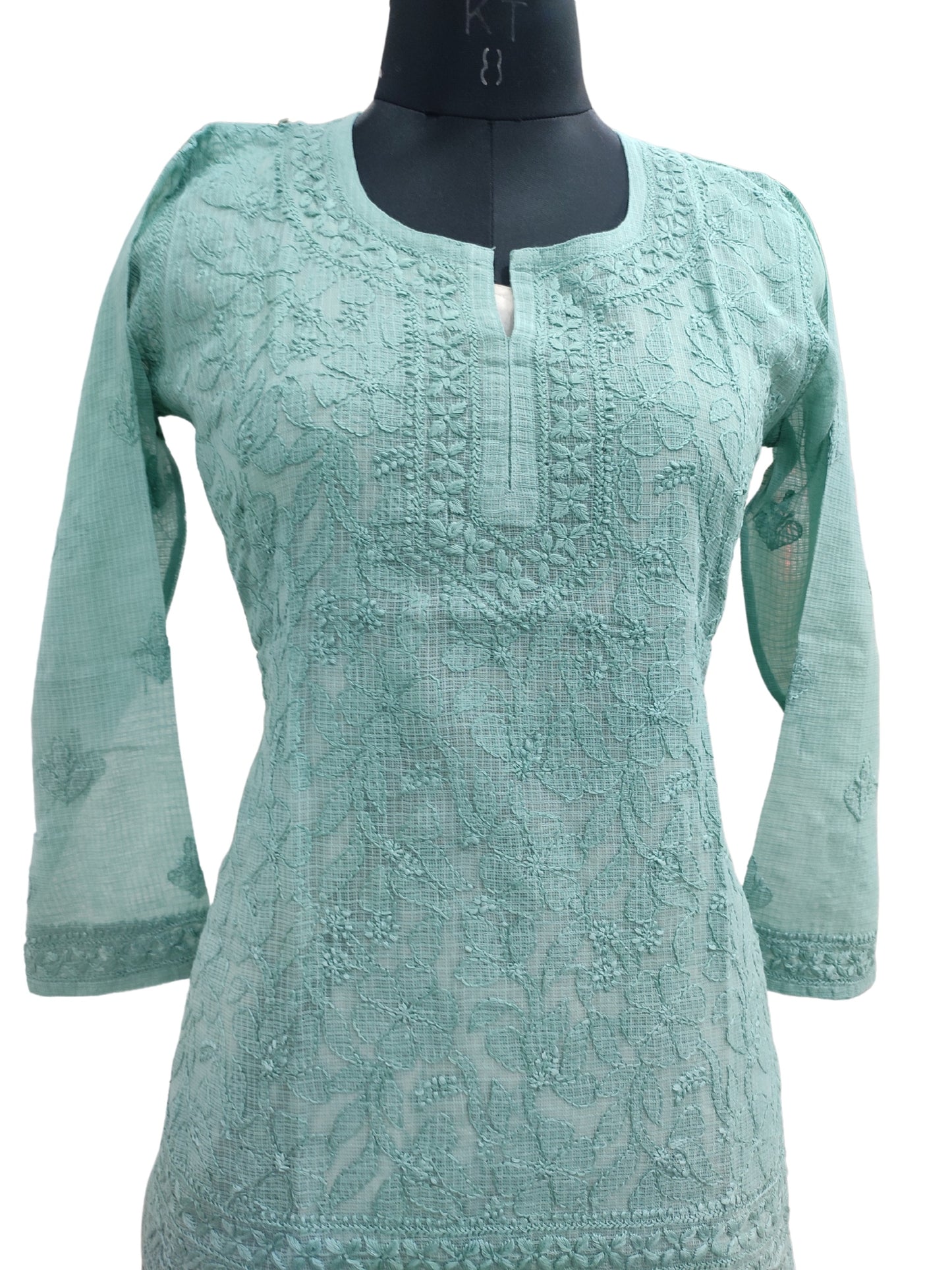 Shyamal Chikan Hand Embroidered Sea Green Kota Doria Lucknowi Chikankari Short Top - S26222