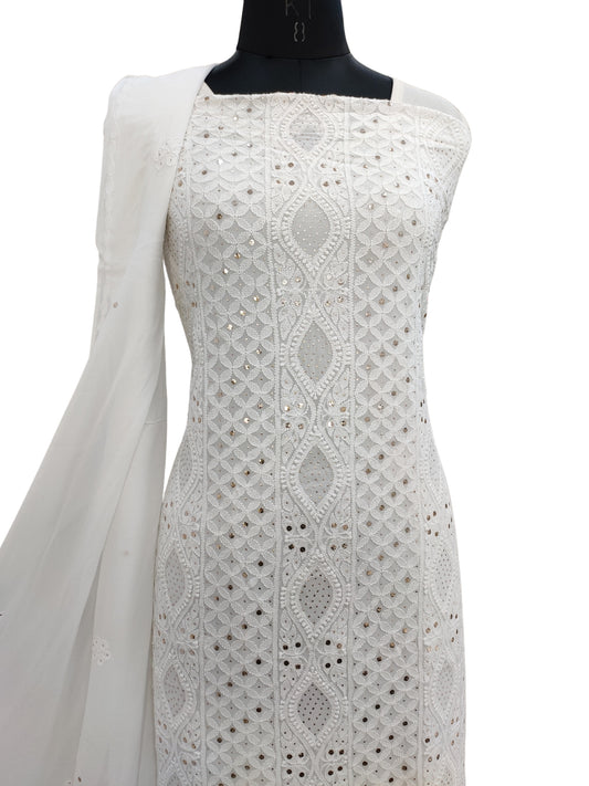Shyamal Chikan Hand Embroidered Light White Viscose Georgette Lucknowi Chikankari Unstitched Suit Piece With Mukaish Work  ( Kurta Dupatta Set) -S26777