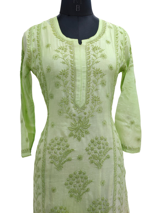 Shyamal Chikan Hand Embroidered Green Pure Tusser Silk Lucknowi Chikankari Kurti- S25560