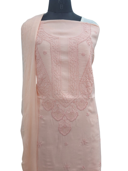 Shyamal Chikan Hand Embroidered Peach Cotton Lucknowi Chikankari Unstitched Suit Piece With Jaali Work - S25022