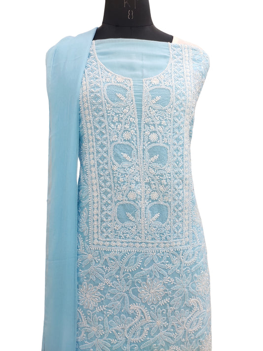 Shyamal Chikan Hand Embroidered Blue Cotton Lucknowi Chikankari Unstitched Suit Piece With Pearl Sequin & Cutdana Work - S24318