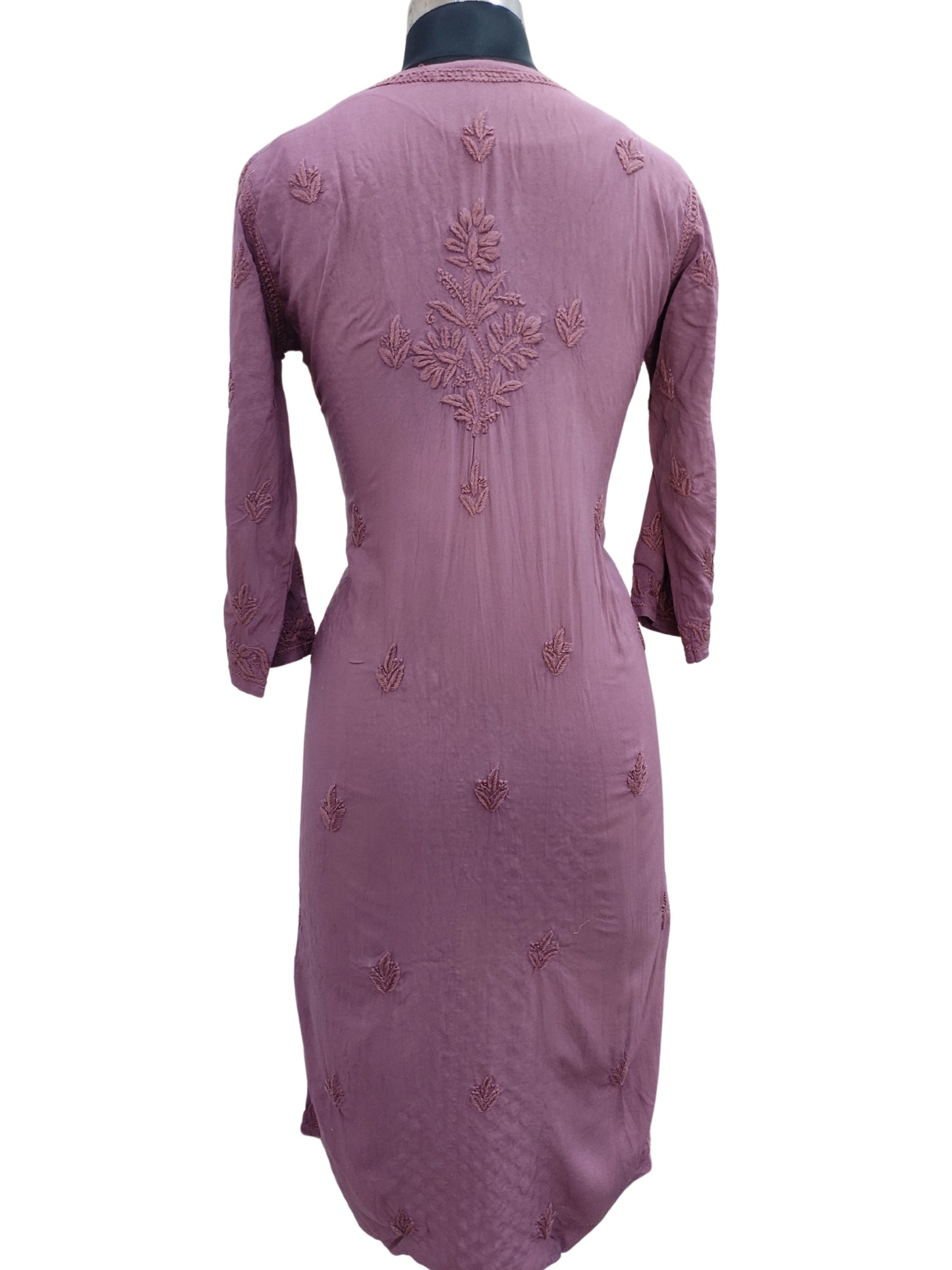 Shyamal Chikan Hand Embroidered Wine Rayon Cotton Lucknowi Chikankari Kurti- S23522