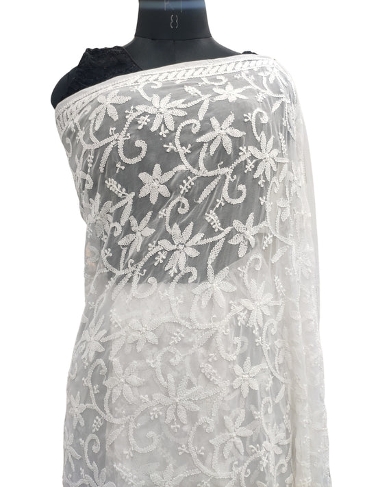 Shyamal Chikan Hand Embroidered White Georgette Lucknowi Chikankari Shoulder Jaal Saree With Blouse Piece - 23840