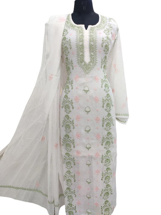 Shyamal Chikan Hand Embroidered White Mul Chanderi Lucknowi Chikankari semi stitched Suit Piece (Kurta Dupatta Set) - S22487