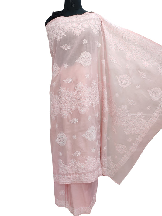 Shyamal Chikan Hand Embroidered Peach Cotton Lucknowi Chikankari Saree With Blouse Piece- S22730