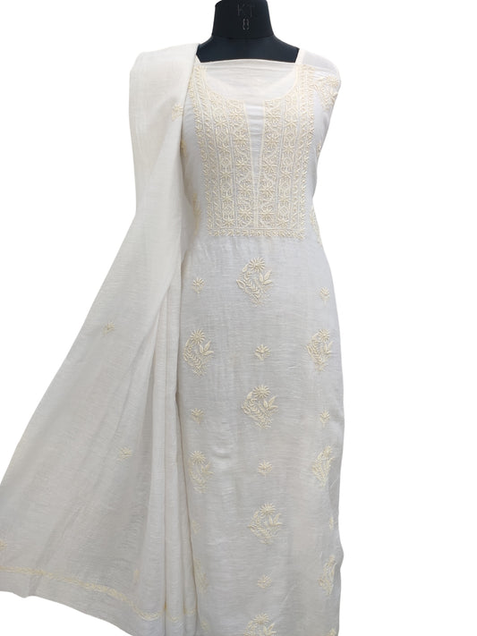 Shyamal Chikan Hand Embroidered White Pure Lenin Lucknowi Chikankari Unstitched Suit Piece (Kurta Dupatta Set )- S22861