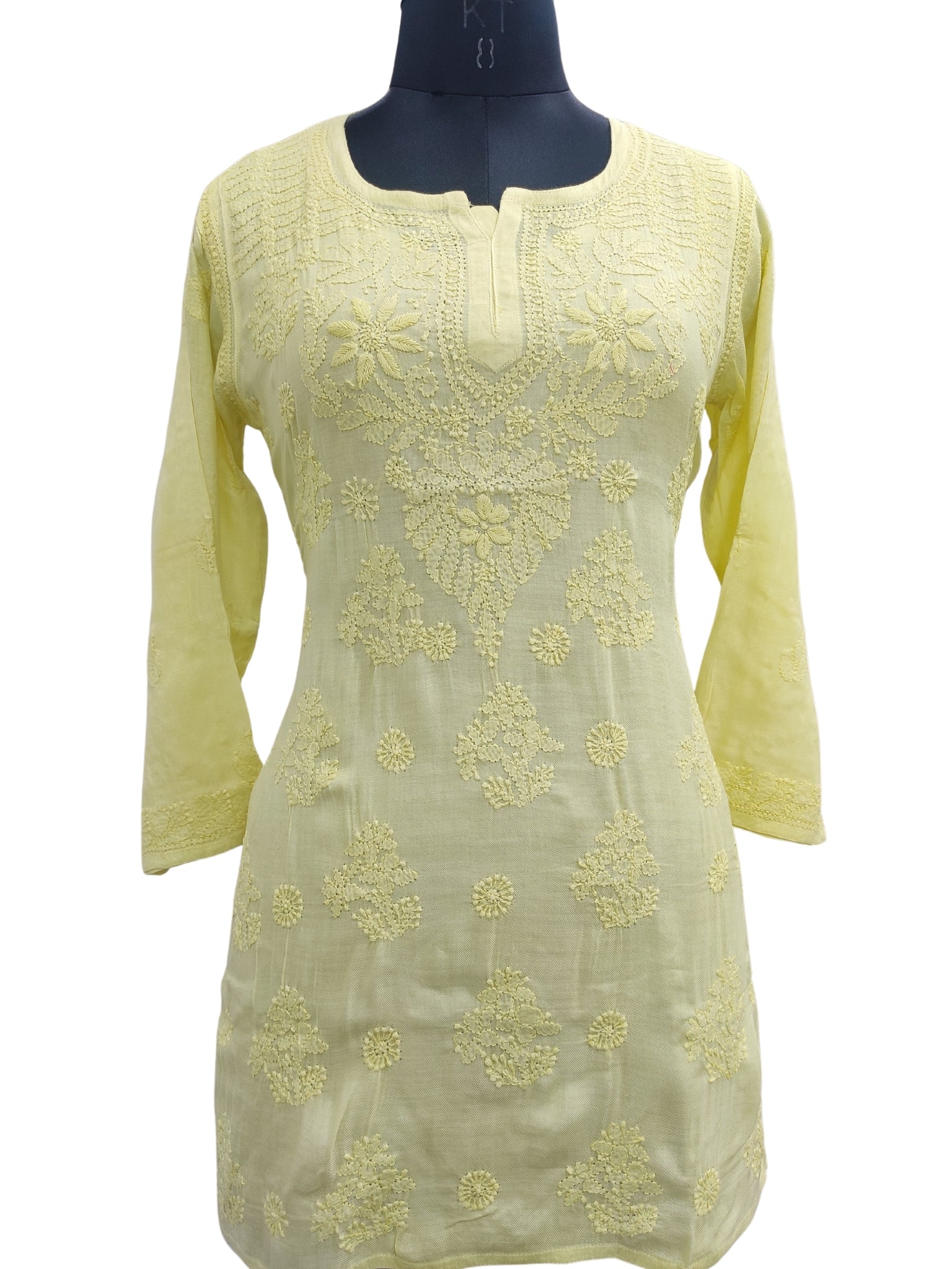 Shyamal Chikan Hand Embroidered Yellow Pure Cotton Lucknowi Chikankari Short Top- S22946