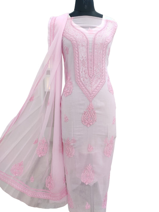 Shyamal Chikan Hand Embroidered Pink Georgette Lucknowi Chikankari Unstitched Suit Piece With Cutdana & Sequin Work - S24376