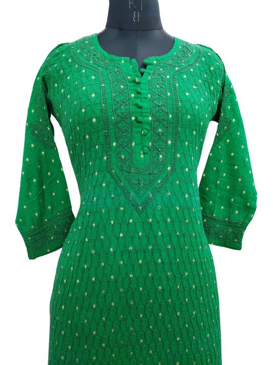 Shyamal Chikan Hand Embroidered Green Cotton Lucknowi Chikankari Kurti- S2503