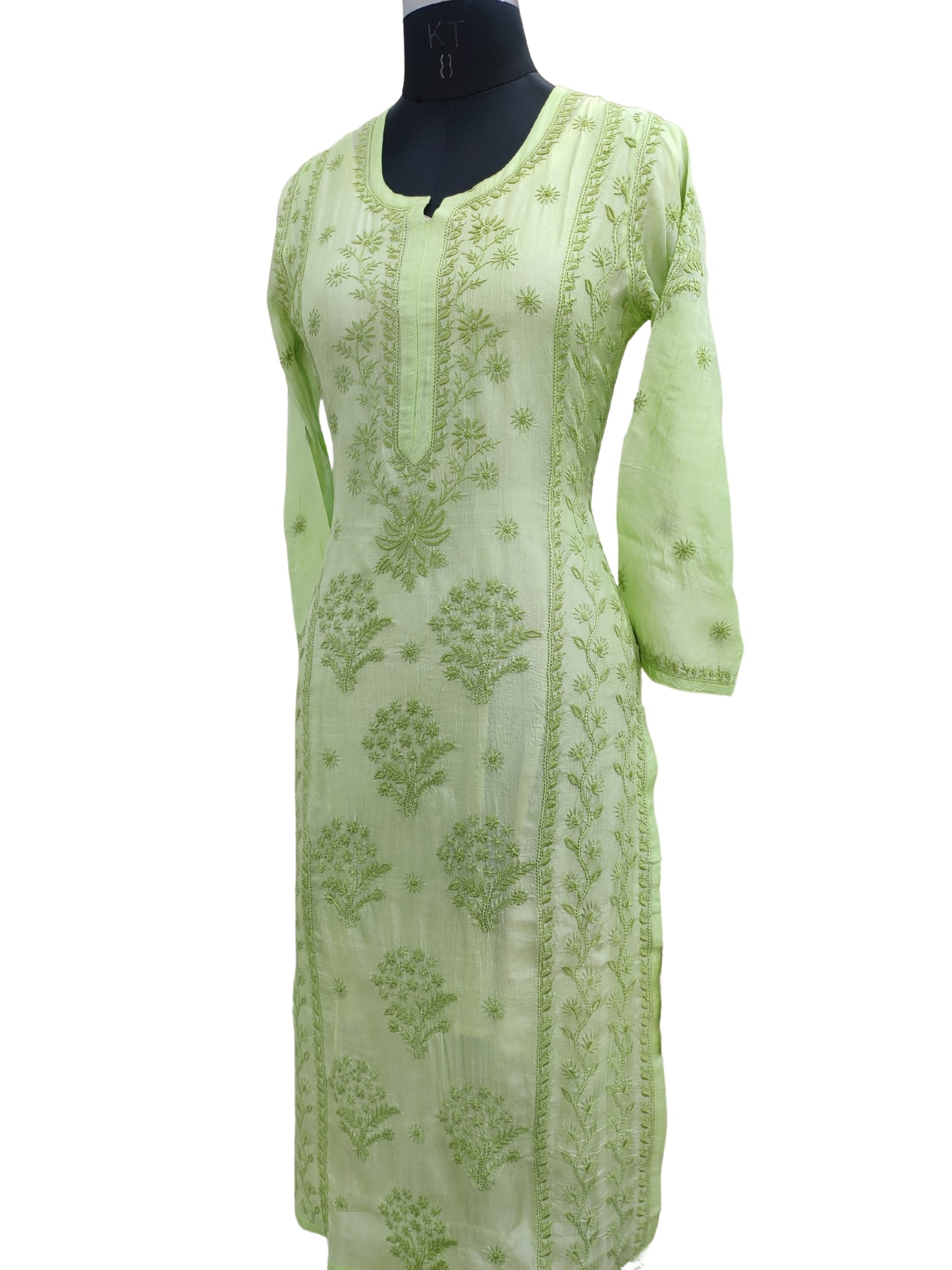 Shyamal Chikan Hand Embroidered Green Pure Tusser Silk Lucknowi Chikankari Kurti- S25560