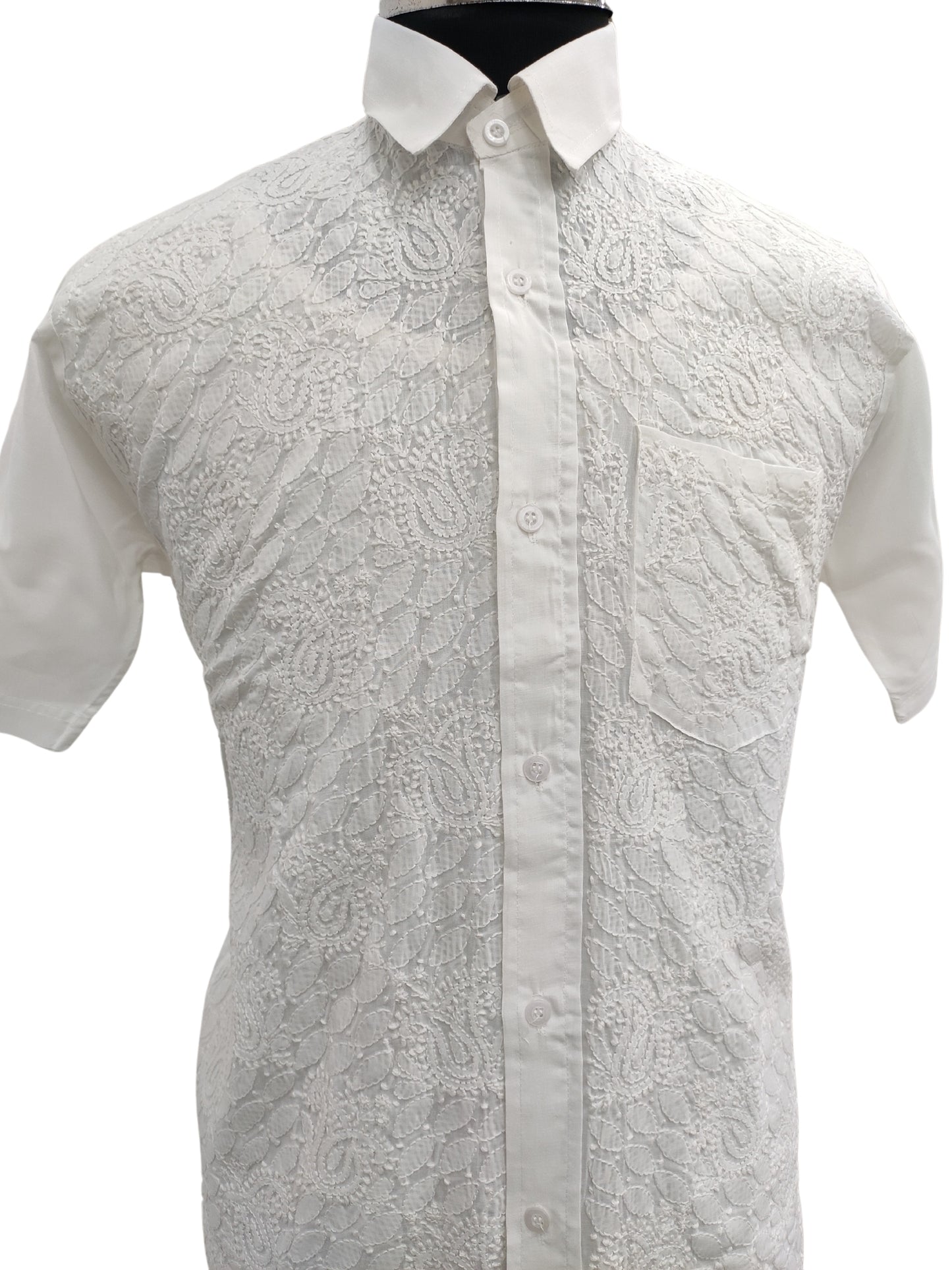 Shyamal Chikan Hand Embroidered White Cotton Lucknowi Chikankari Men's Shirt – S23304