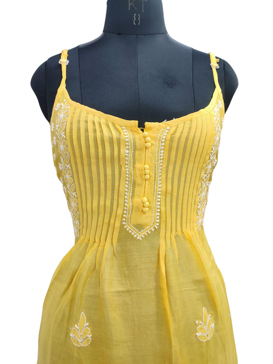 Shyamal Chikan Hand Embroidered Yellow Muslin Noodle Strap Lucknowi Chikankari Short Top - S24847