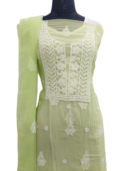 Shyamal Chikan Hand Embroidered Green Georgette Lucknowi Chikankari Unstitched Suit Piece - 24019