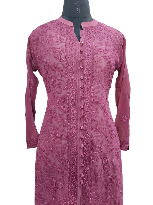 Shyamal Chikan Hand Embroidered Wine Viscose Georgette Lucknowi Chikankari Kurti - S23901