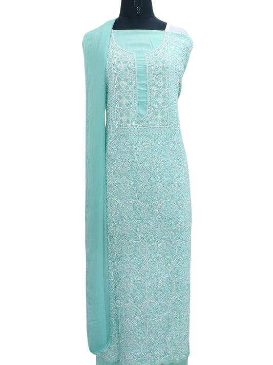 Shyamal Chikan Hand Embroidered Sea Green Cotton Lucknowi Chikankari Unstitched Suit Piece With Pearl Sequin & Cutdana Work 24315