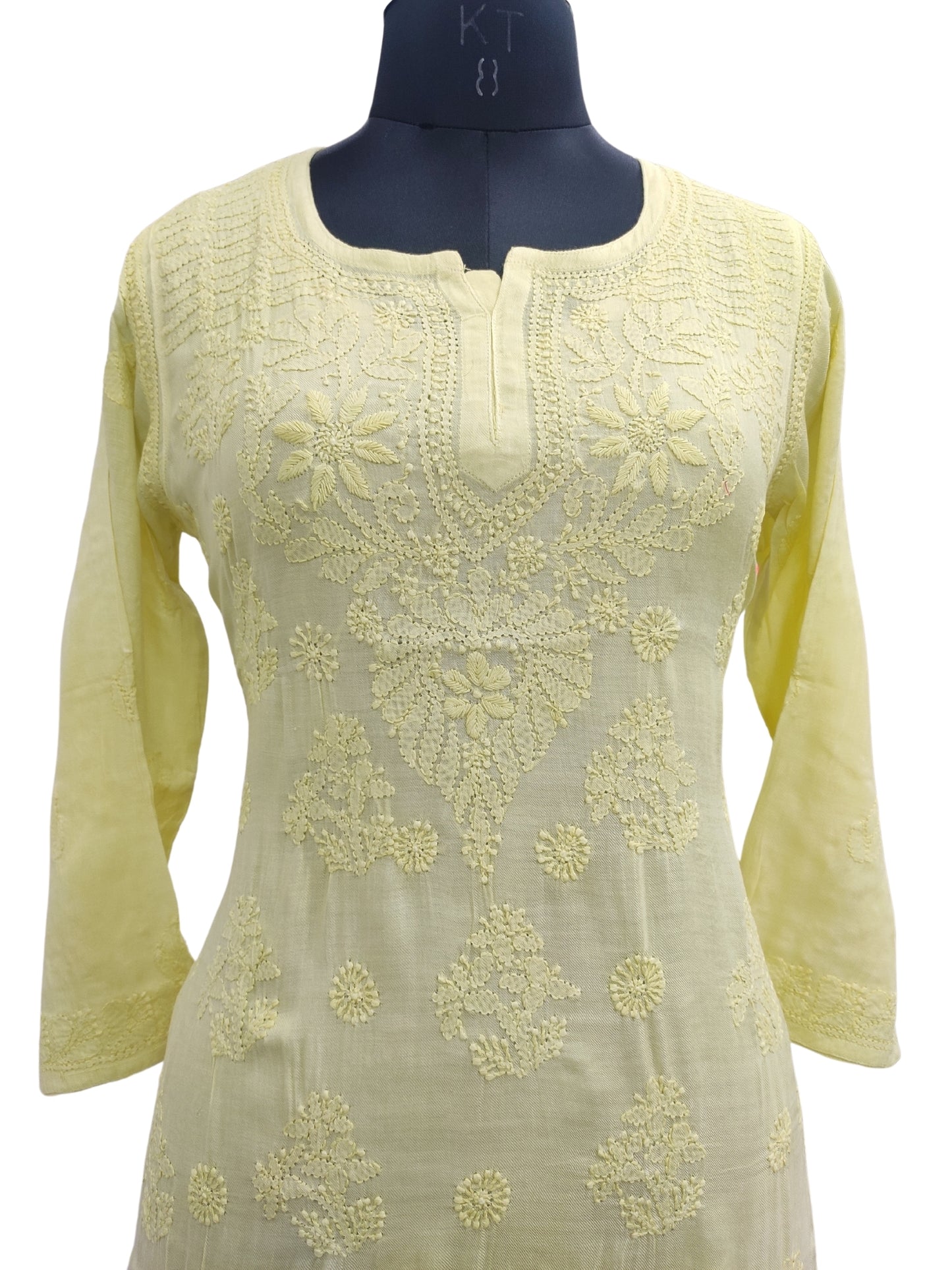 Shyamal Chikan Hand Embroidered Yellow Pure Cotton Lucknowi Chikankari Short Top- S22946