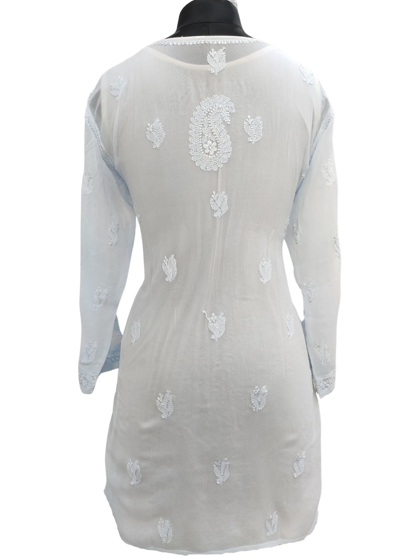 Shyamal Chikan Hand Embroidered Blue Viscose Georgette Lucknowi Chikankari Short Top S22152