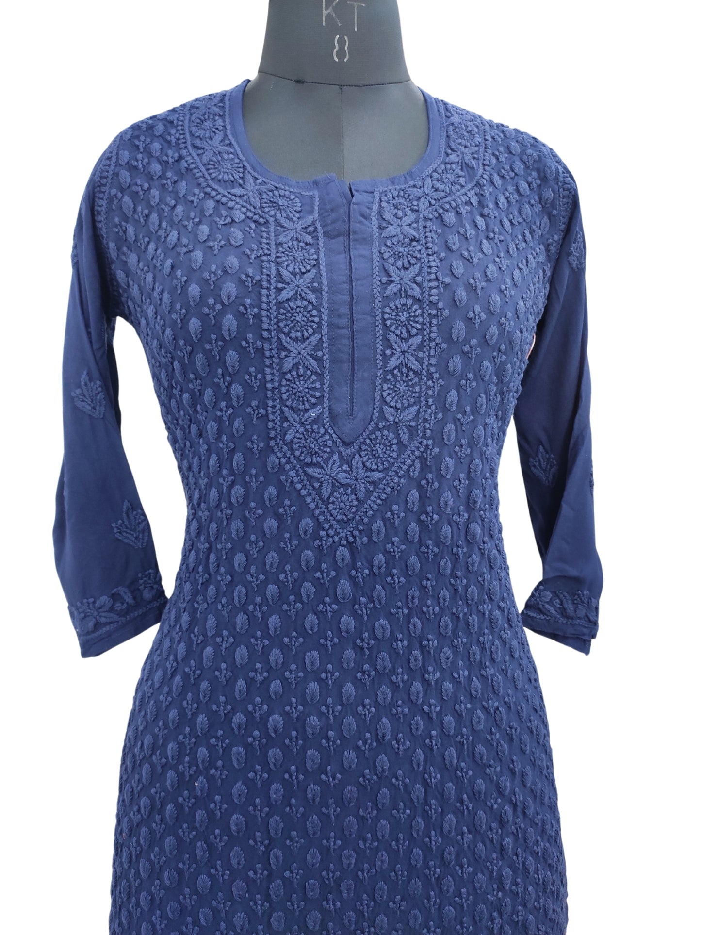 Shyamal Chikan Hand Embroidered Blue Rayon Cotton Lucknowi Chikankari Kurti- S23521