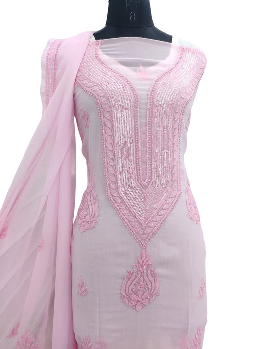 Shyamal Chikan Hand Embroidered Pink Georgette Lucknowi Chikankari Unstitched Suit Piece With Cutdana & Sequin Work - S24376