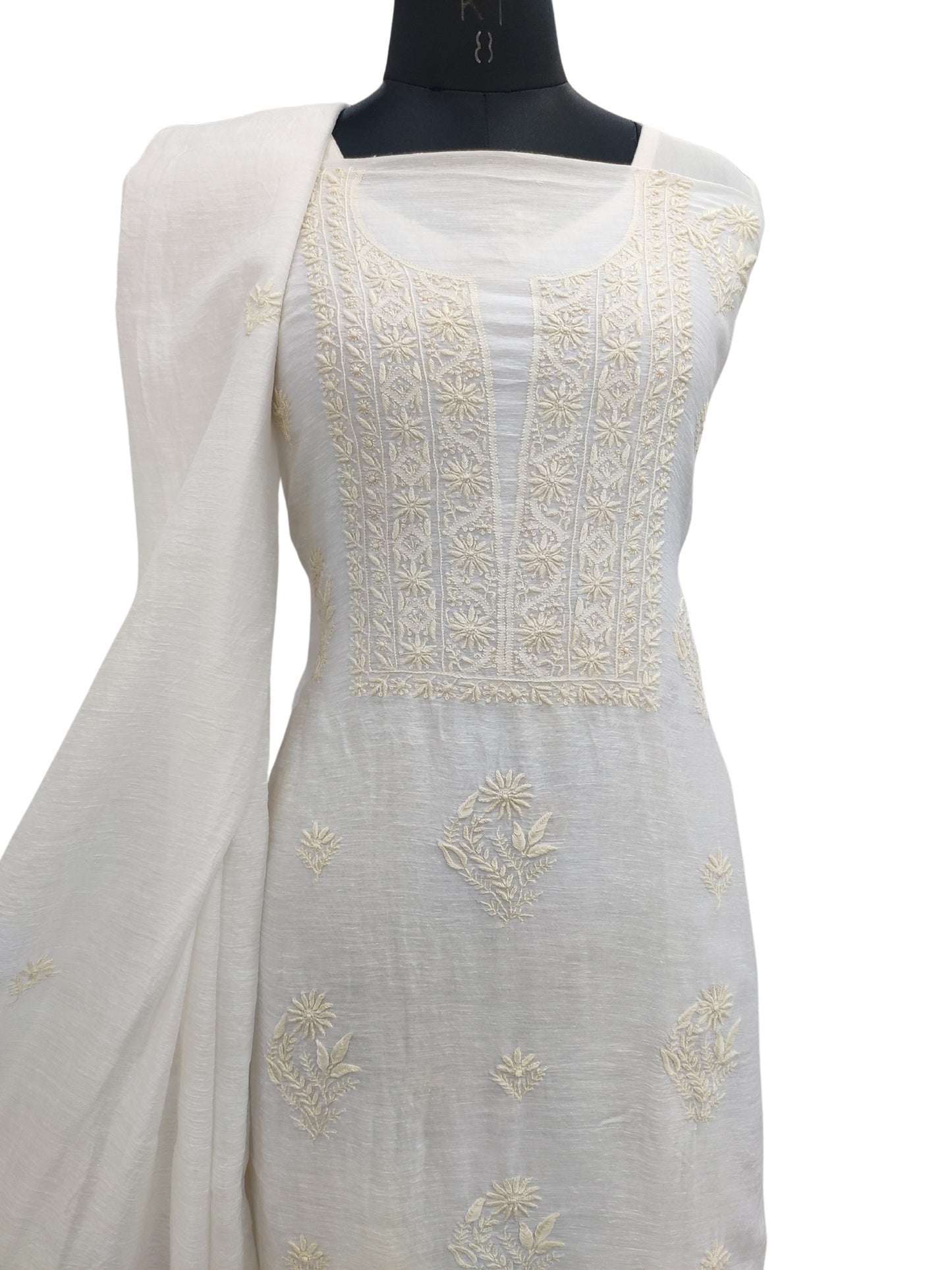 Shyamal Chikan Hand Embroidered White Pure Lenin Lucknowi Chikankari Unstitched Suit Piece (Kurta  Dupatta Set )- S22861