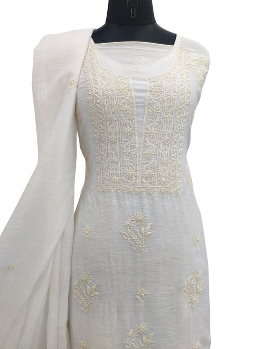 Shyamal Chikan Hand Embroidered White Pure Lenin Lucknowi Chikankari Unstitched Suit Piece (Kurta  Dupatta Set )- S22861