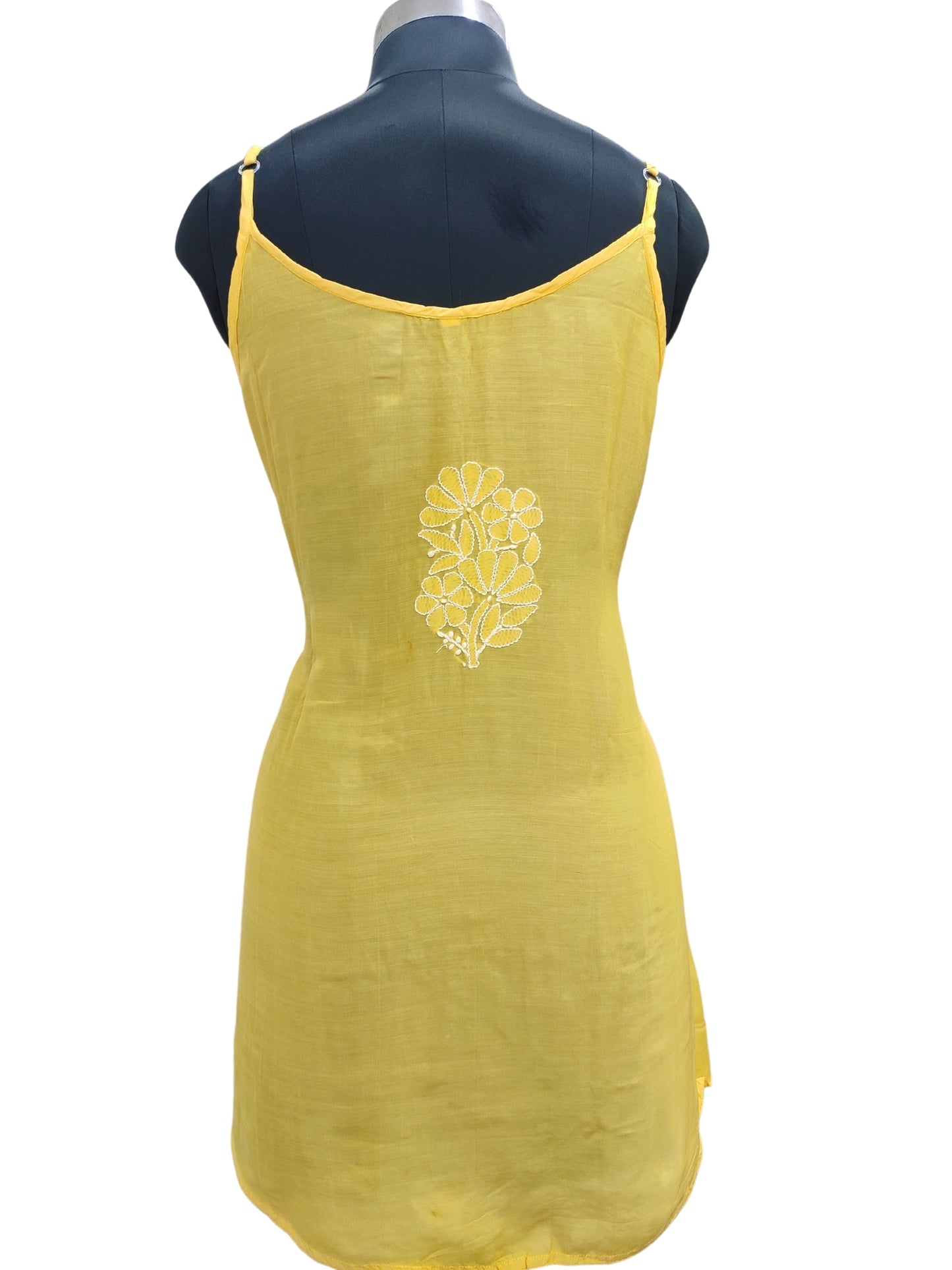 Shyamal Chikan Hand Embroidered Yellow Muslin Noodle Strap Lucknowi Chikankari Short Top - S24847