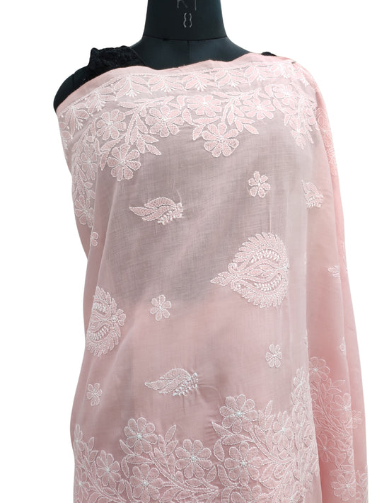 Shyamal Chikan Hand Embroidered Peach Cotton Lucknowi Chikankari Saree With Blouse Piece- S22730