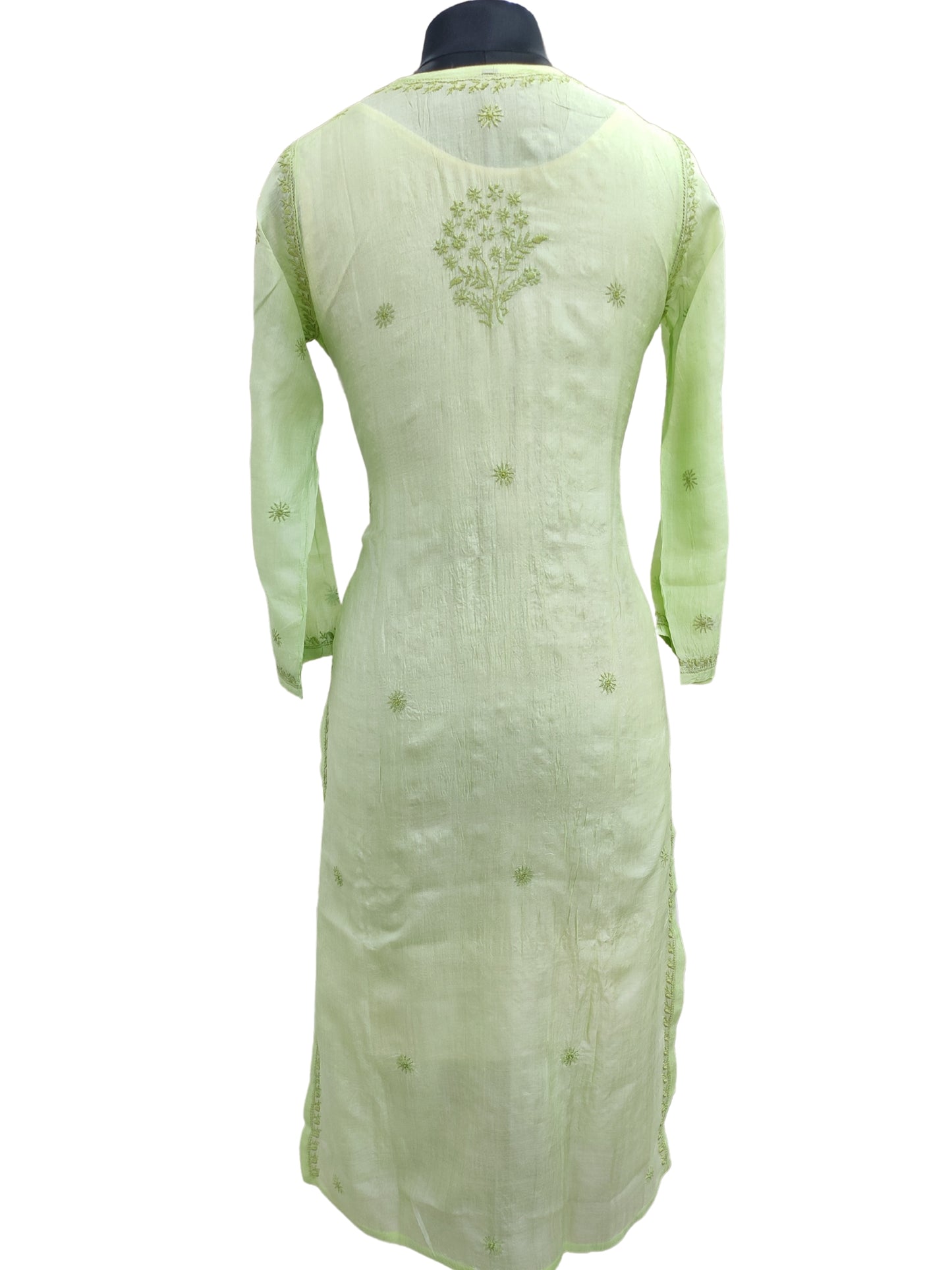 Shyamal Chikan Hand Embroidered Green Pure Tusser Silk Lucknowi Chikankari Kurti- S25560