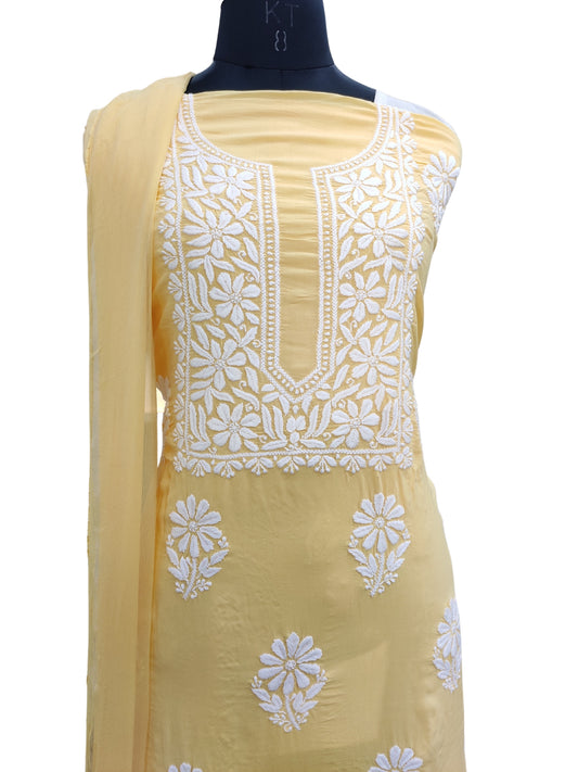 Shyamal Chikan Hand Embroidered Yellow Modal Lucknowi Chikankari Unstitched Suit Piece - S25253