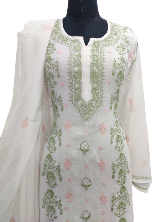 Shyamal Chikan Hand Embroidered White Mul Chanderi Lucknowi Chikankari semi stitched Suit Piece (Kurta Dupatta Set) - S22487