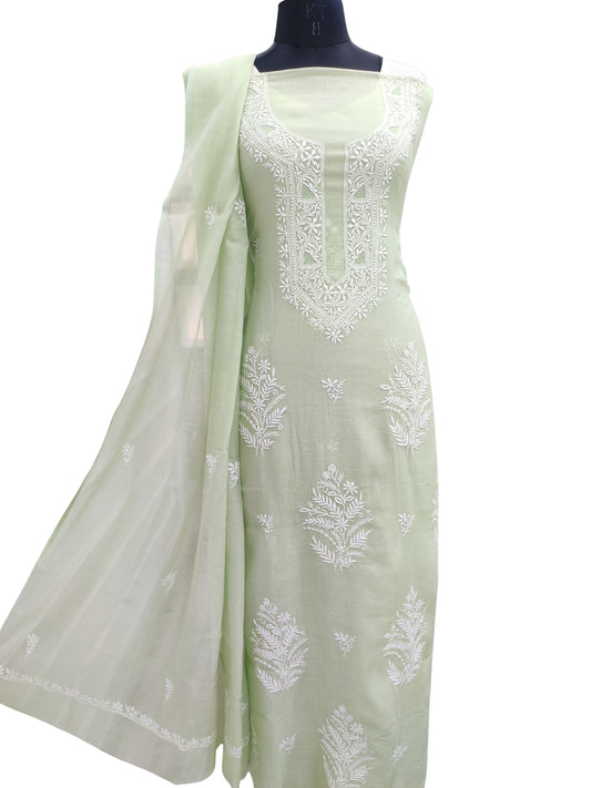 Shyamal Chikan Hand Embroidered Green Mul Chanderi Lucknowi Chikankari Unstitched Suit Piece (Kurta Dupatta Set) - S23683