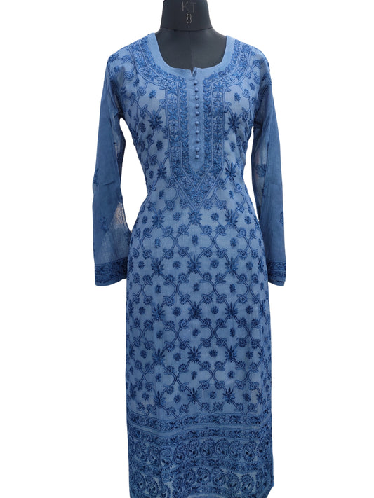 Shyamal Chikan Hand Embroidered Peacock Blue Mul Chanderi Lucknowi Chikankari Kurti - S24224