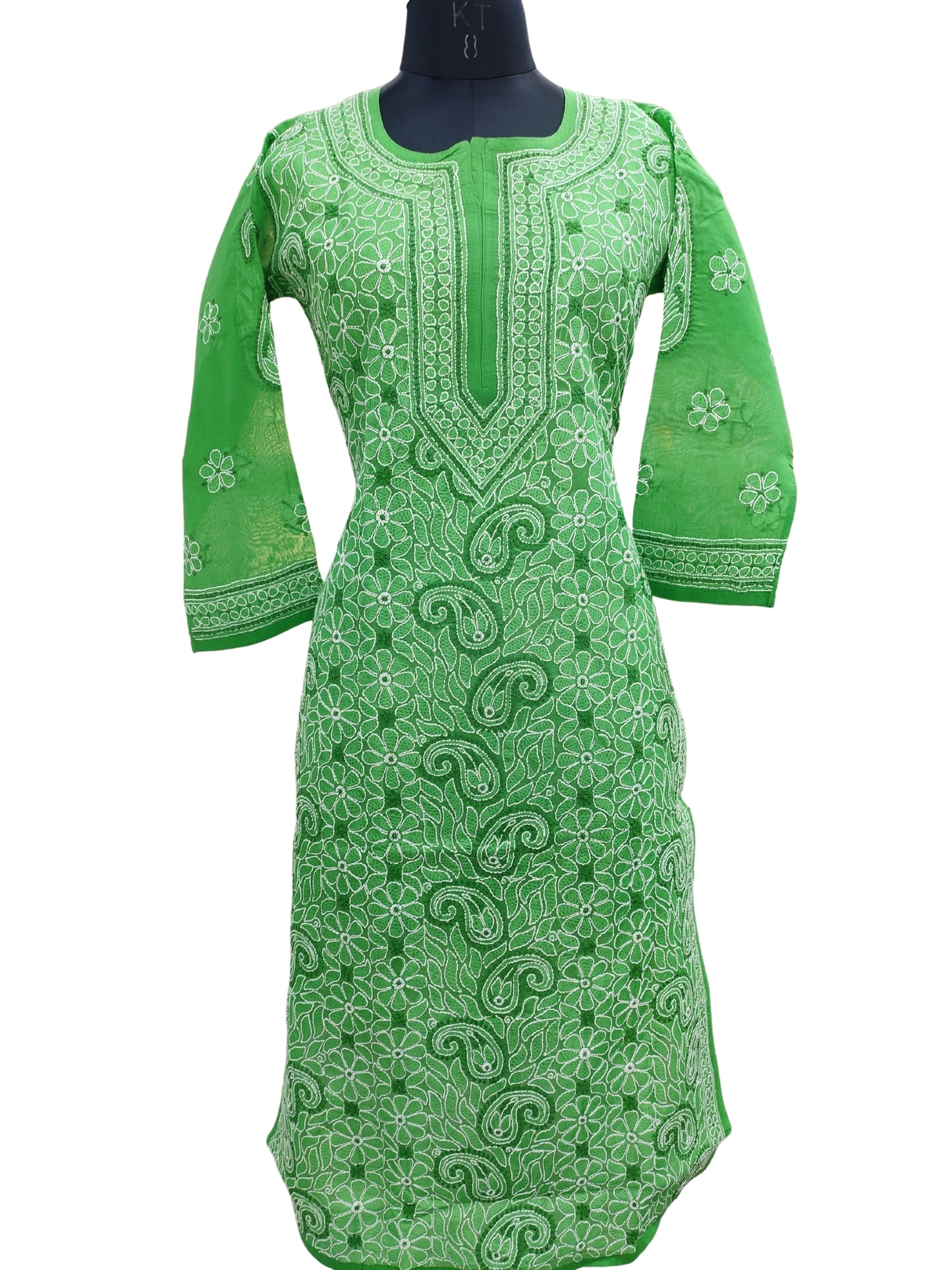 Shyamal Chikan Hand Embroidered Green Cotton Lucknowi Chikankari Kurti- S2495