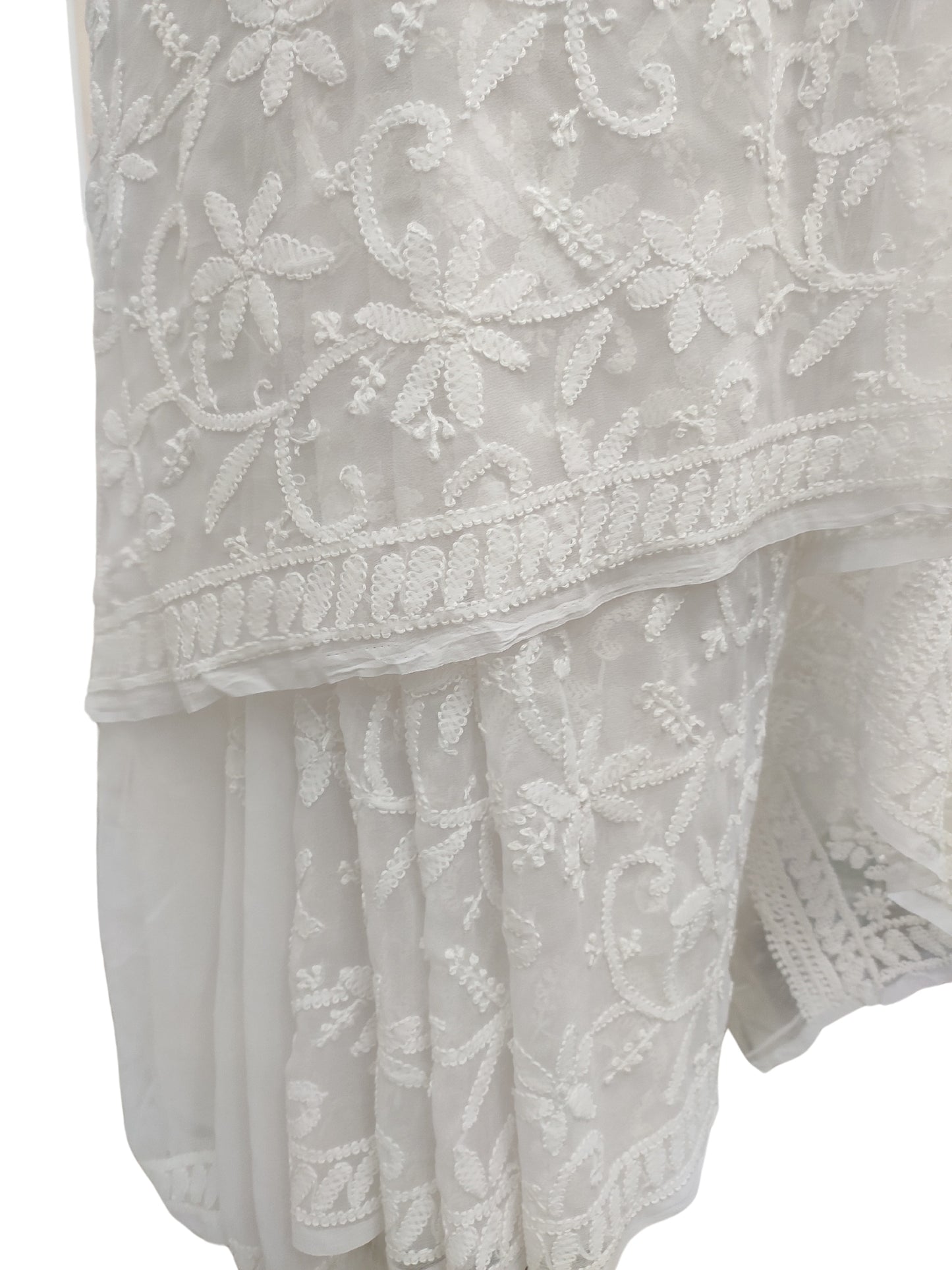 Shyamal Chikan Hand Embroidered White Georgette Lucknowi Chikankari Shoulder Jaal Saree With Blouse Piece - 23840