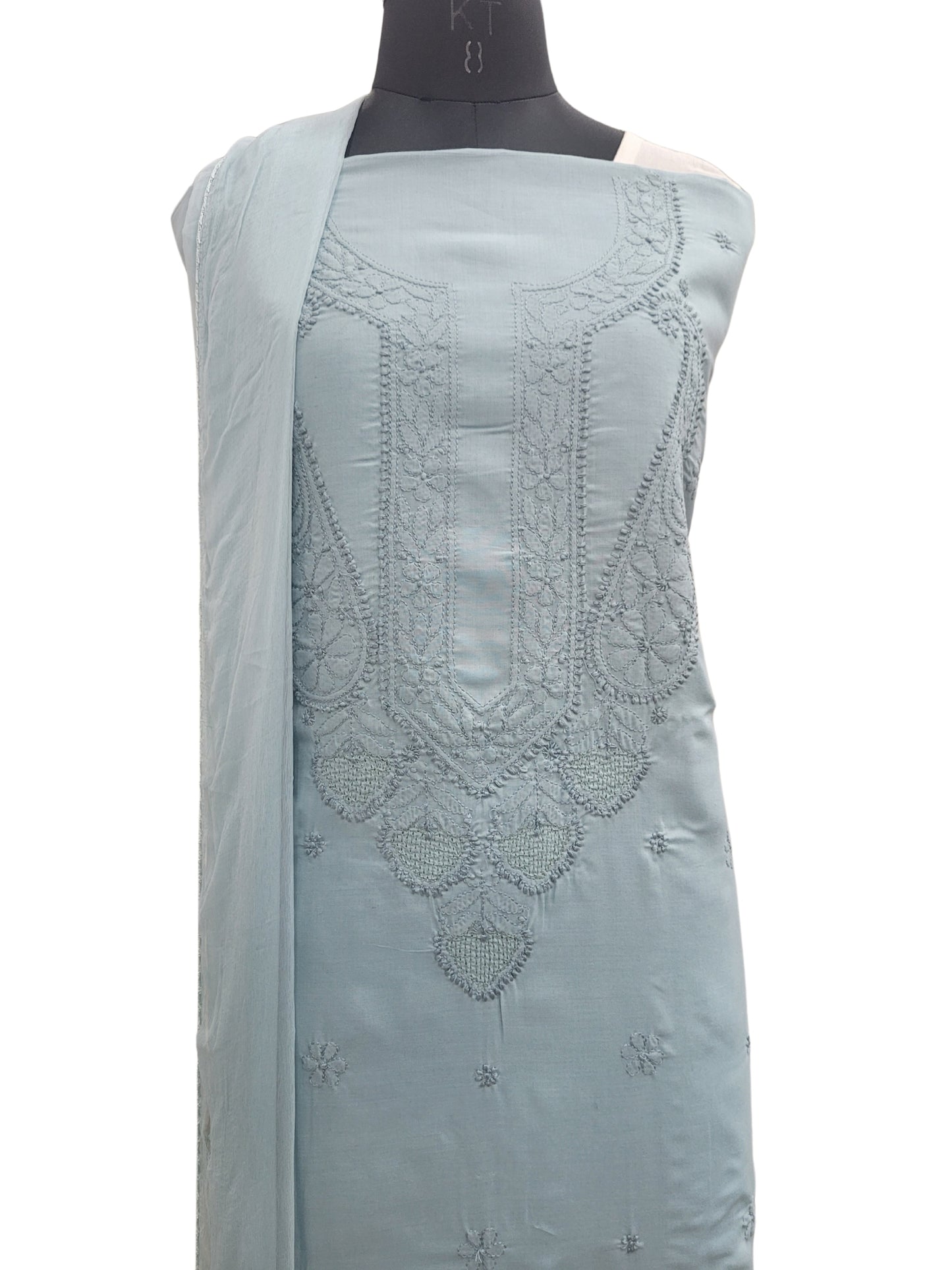 Shyamal Chikan Hand Embroidered Grey Cotton Lucknowi Chikankari Unstitched Suit Piece With Jaali Work - S25028