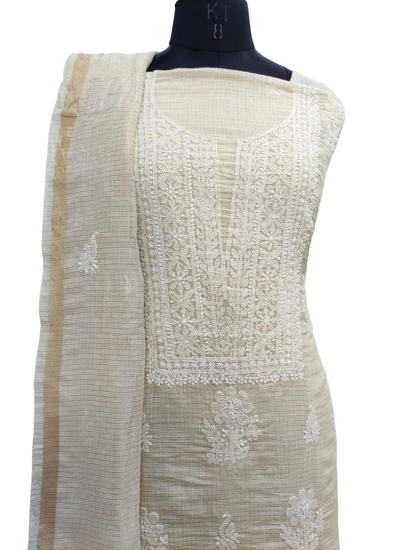 Shyamal Chikan Hand Embroidered Fawn Tissue Kota Cotton Lucknowi Chikankari Unstitched Suit Piece  ( Kurta Dupatta Set ) - S20800