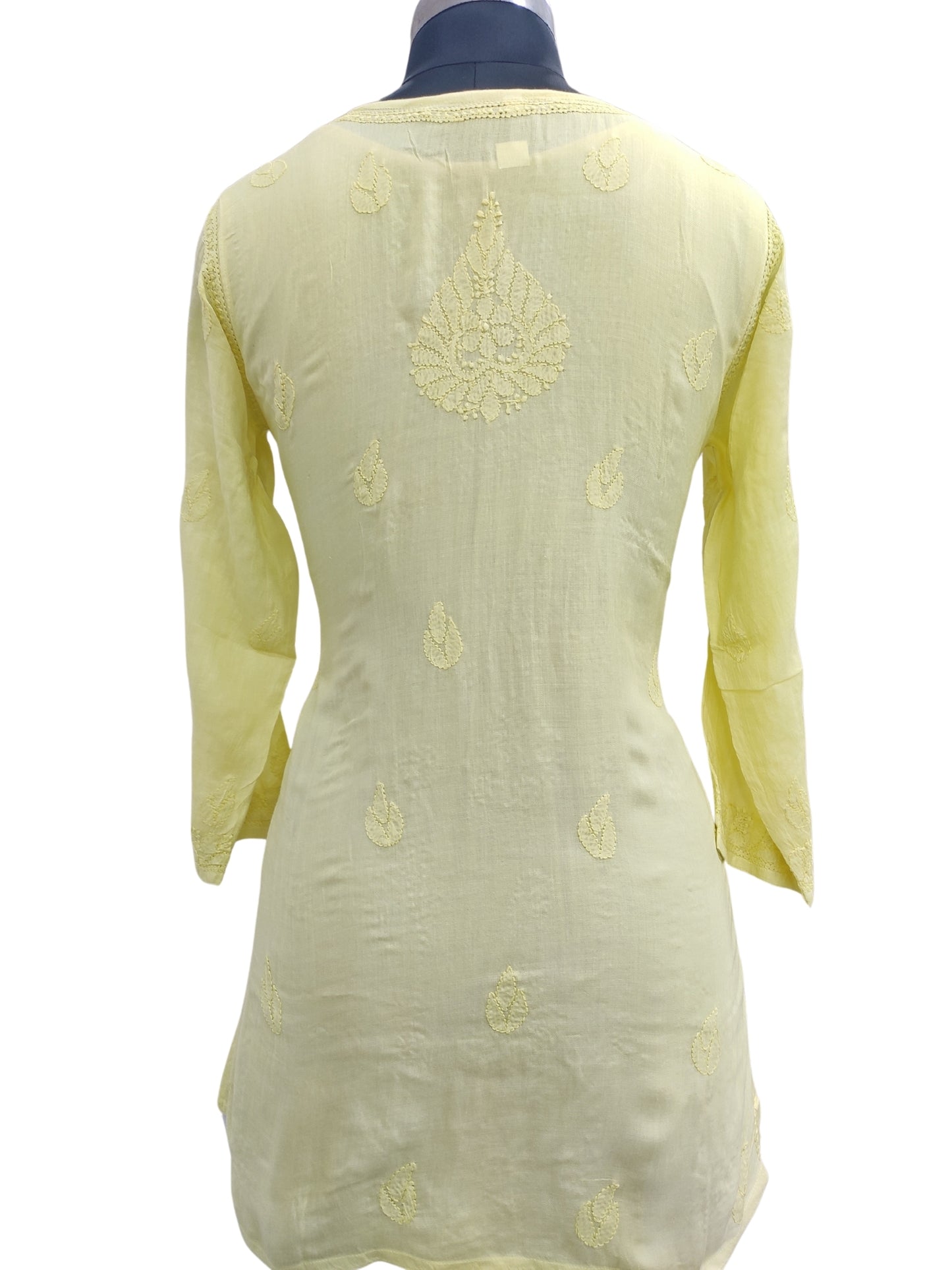 Shyamal Chikan Hand Embroidered Yellow Pure Cotton Lucknowi Chikankari Short Top- S22946