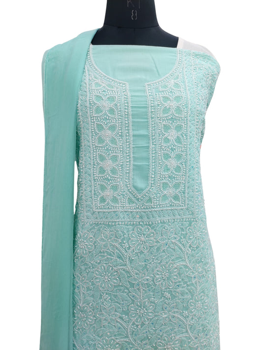 Shyamal Chikan Hand Embroidered Sea Green Cotton Lucknowi Chikankari Unstitched Suit Piece With Pearl Sequin & Cutdana Work - S24315