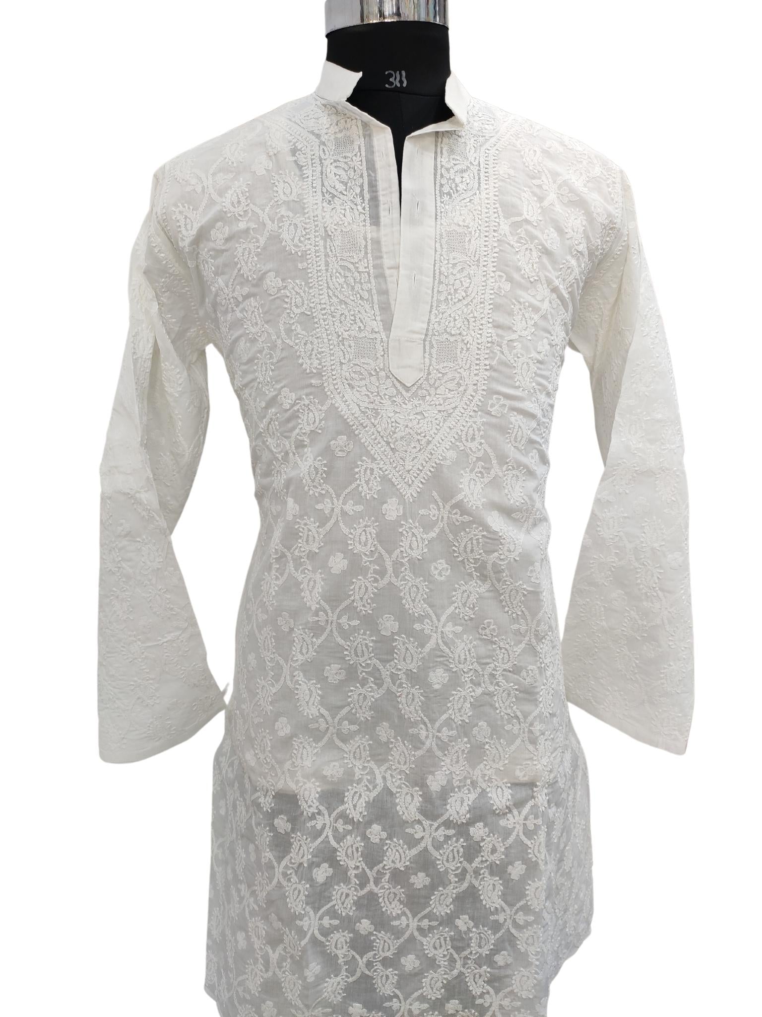 Shyamal Chikan Hand Embroidered White Cotton Lucknowi Chikankari All-Over Men's Kurta – S20123